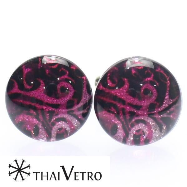 【ThaiVetro】ピンクグラデーション・ウェーブデザインのガラス製カフス(カフスボタン/カフリンクス)