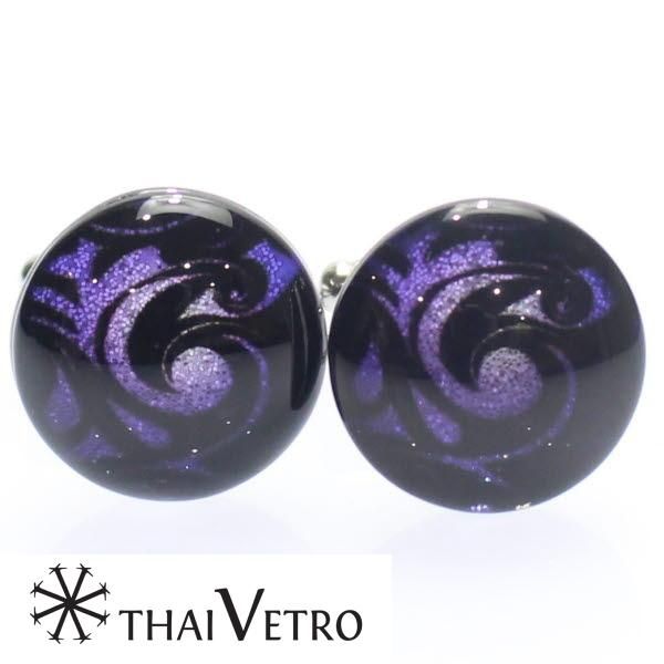 【ThaiVetro】パープル・炎のデザインのガラス製カフス(カフスボタン/カフリンクス)