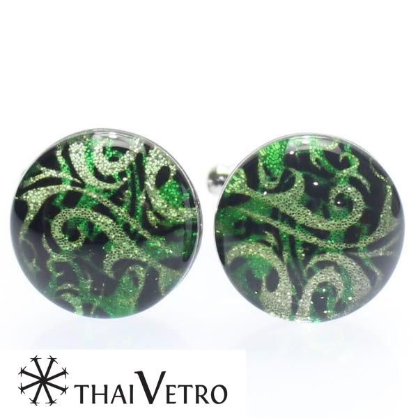 【ThaiVetro】グリーングラデーション・ウェーブデザインのガラス製カフス(カフスボタン/カフリンクス)