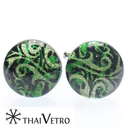 【ThaiVetro】グリーングラデーション・ウェーブデザインのガラス製カフス(カフスボタン/カフリンクス)
