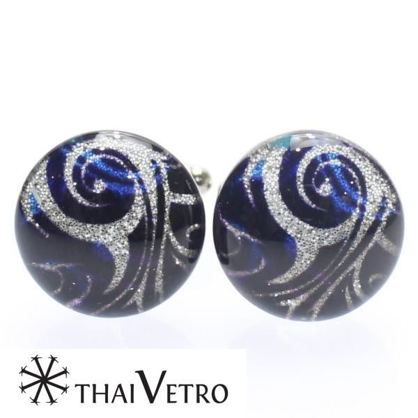 【ThaiVetro】ブルー・炎のデザインのガラス製カフス(カフスボタン/カフリンクス)