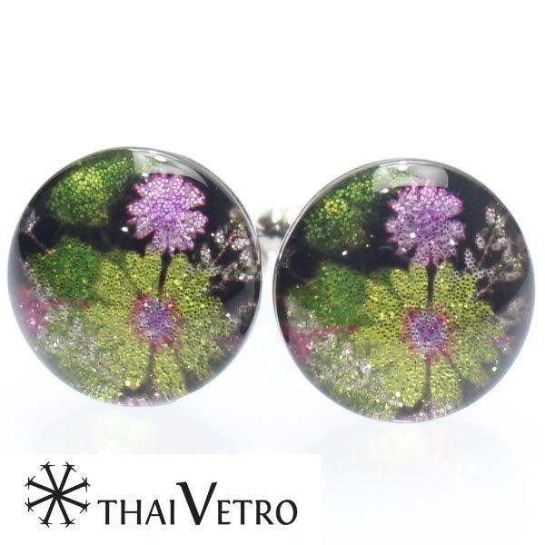 【ThaiVetro】モダンな和風お花デザイン・イエローのガラス製カフス(カフスボタン/カフリンクス)