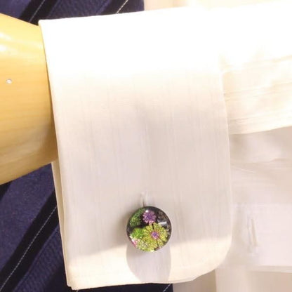 【ThaiVetro】モダンな和風お花デザイン・イエローのガラス製カフス(カフスボタン/カフリンクス)