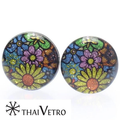 【ThaiVetro】モダンな和風お花デザイン・ブルーのガラス製カフス(カフスボタン/カフリンクス)