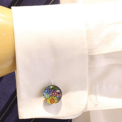 【ThaiVetro】モダンな和風お花デザイン・ブルーのガラス製カフス(カフスボタン/カフリンクス)