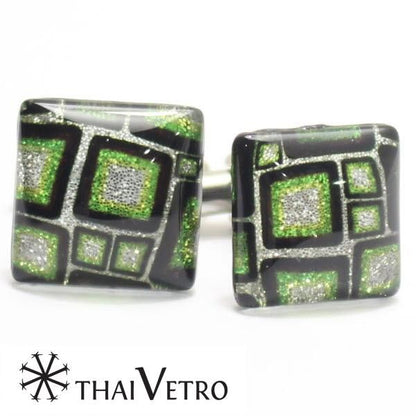 【ThaiVetro】グリーン・マシュマロデザインのガラス製カフス(カフスボタン/カフリンクス)