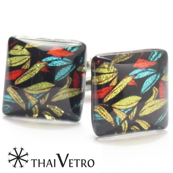 【ThaiVetro】カラフルな竹の葉が輝くガラス製カフス(カフスボタン/カフリンクス)