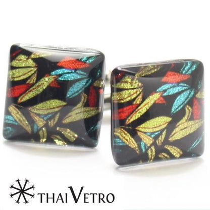 【ThaiVetro】カラフルな竹の葉が輝くガラス製カフス(カフスボタン/カフリンクス)