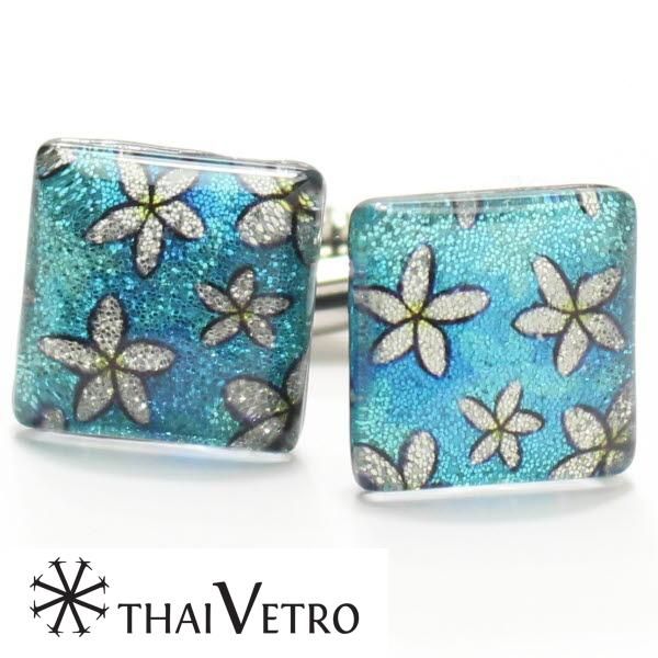 【ThaiVetro】キラキラオーシャンブルー・フラワーのガラス製カフス(カフスボタン/カフリンクス)