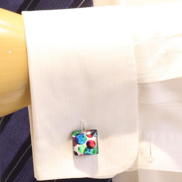 【ThaiVetro】マルチカラー・ドットデザインのガラス製カフス(カフスボタン/カフリンクス)