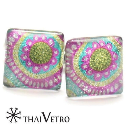 【ThaiVetro】ハニカム風・甘いお花デザインのガラス製カフス(カフスボタン/カフリンクス)