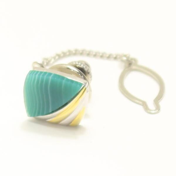 グリーンめのう・シルバー×ゴールド・スクエアのタイタック(ピンブローチ)