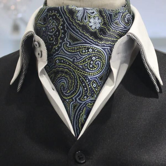 ネイビー イエロー ペイズリー フラワーデザイン ジャカード アスコットタイ