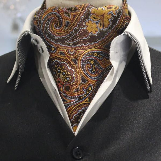 ブラウン オレンジ ペイズリー フラワーデザイン ジャカード アスコットタイ