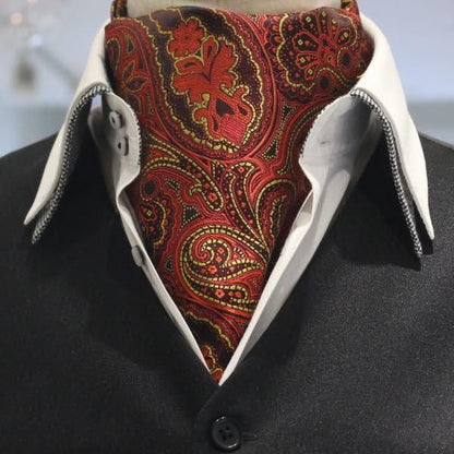 レッド イエロー ペイズリー フラワーデザイン ジャカード アスコットタイ