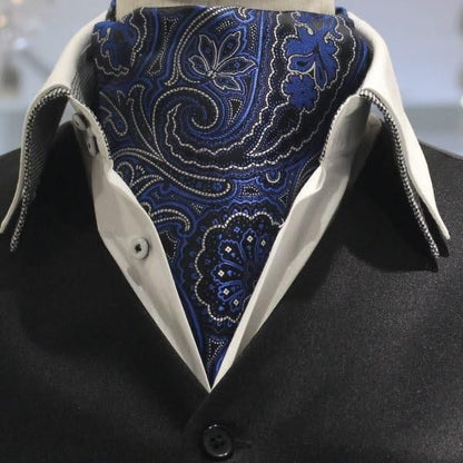 ブルー ブラック ペイズリー フラワーデザイン ジャカード アスコットタイ
