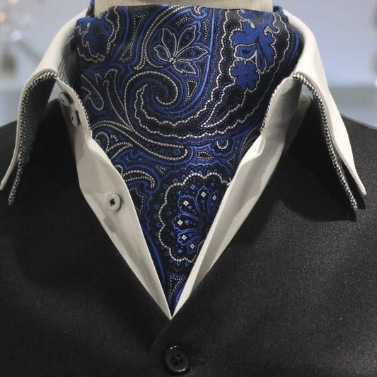 ブルー ブラック ペイズリー フラワーデザイン ジャカード アスコットタイ