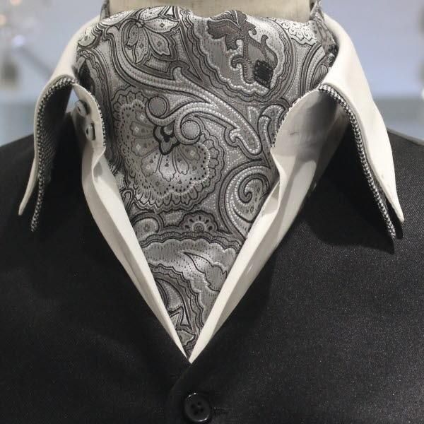 グレー ペイズリー フラワーデザイン ジャカード アスコットタイ