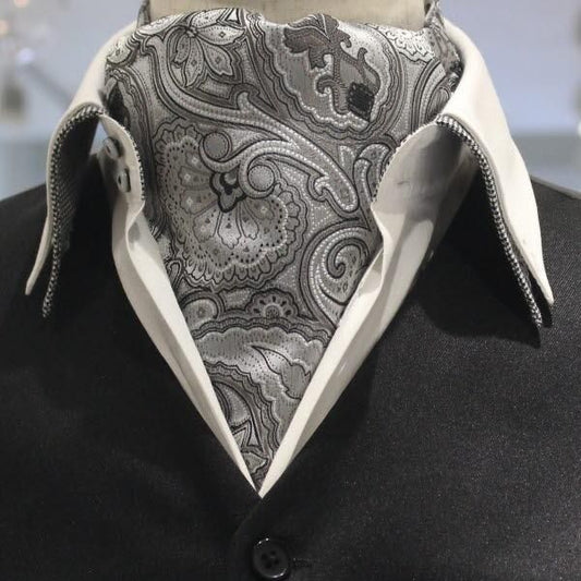 グレー ペイズリー フラワーデザイン ジャカード アスコットタイ