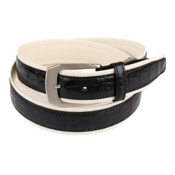 ブラック 黒 クロコ型押し × キャンバス ベルト ビジネス メンズ レザー 牛革 35mm フリー 日本製 KIETH