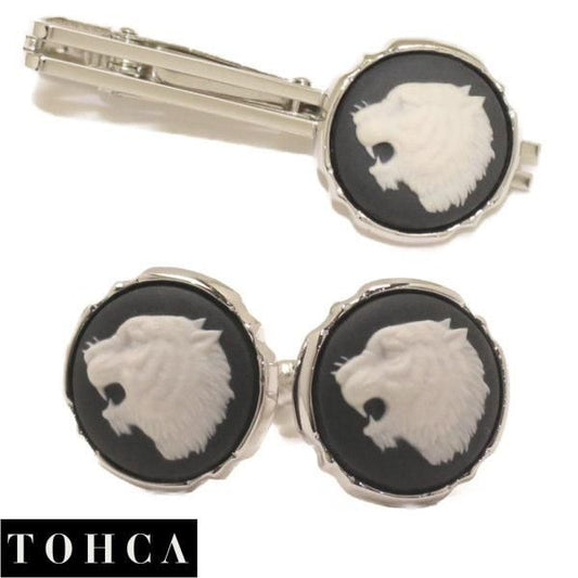 陶華 TOHCA シルバー ラウンド 吠える虎 カメオ グレー カフスセット タイピンセット