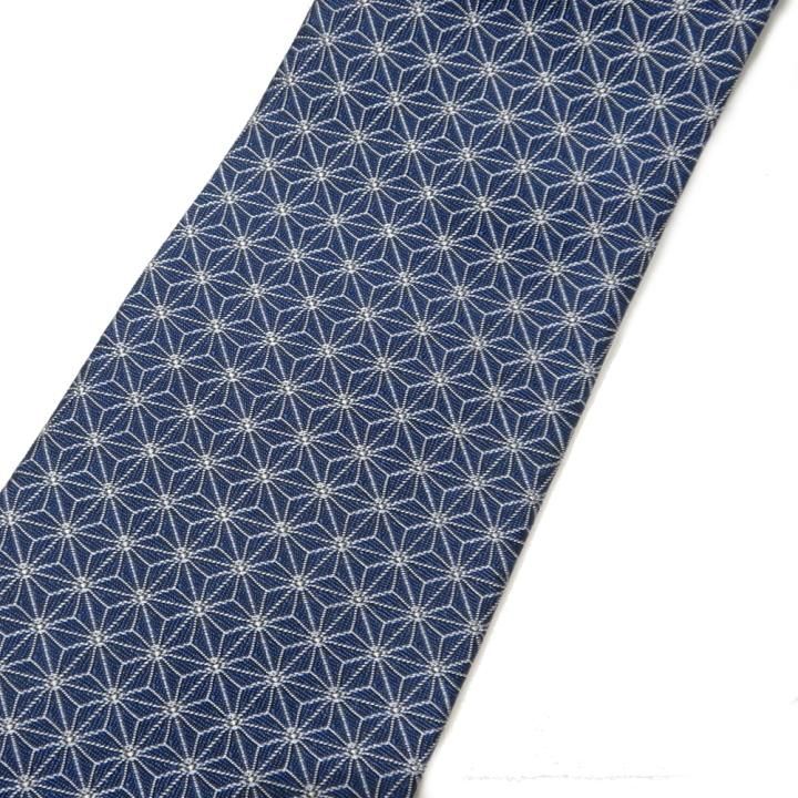 【富士桜工房】麻の葉 藍色 伝統紋柄 日本製シルクジャカードの和風ネクタイ