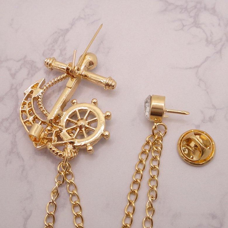 全2色 舵 イカリ 碇 錨 マリンテイスト 海の男 モチーフ ゴールド シルバー チェーン ラペルピン ブローチ