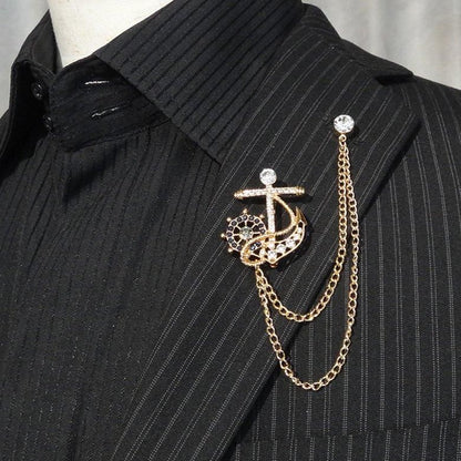 全2色 舵 イカリ 碇 錨 マリンテイスト 海の男 モチーフ ゴールド シルバー チェーン ラペルピン ブローチ