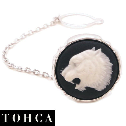 【陶華・TOHCA】シルバー ラウンド 吠える虎 カメオ グレー タイタック ピンブローチ ラペルピン