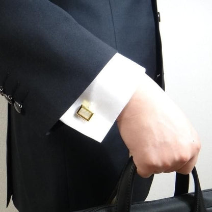 名入れ刻印サービス対象 Diamanteダイヤ柄が輝くカフスと艶やかラインのタイピン・ゴールドのカフスセット(タイピンセット)