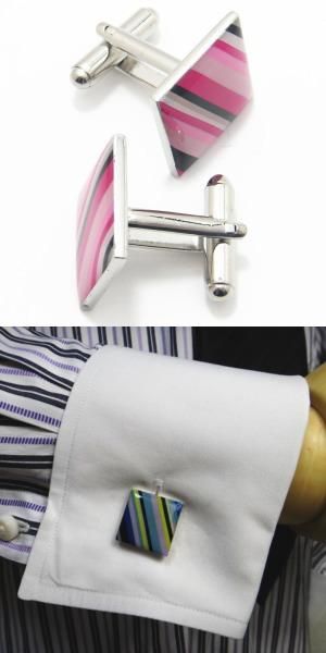 全2色・スクエアのボーダーカフス(カフリンクス/カフスボタン)