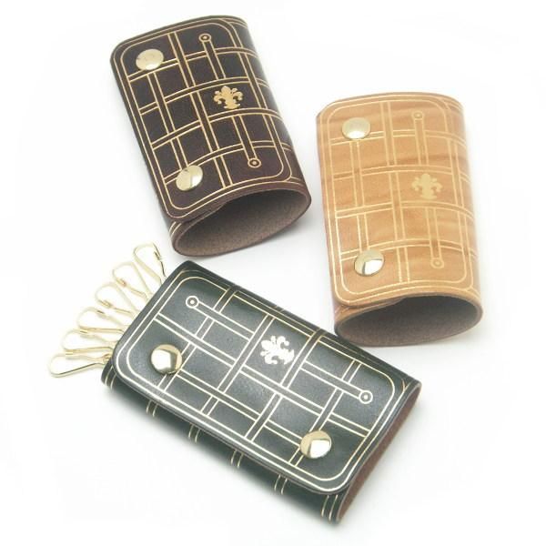 全3色・キーケース◆フルール・ド・リス・ゴールドライン・牛革キーホルダー