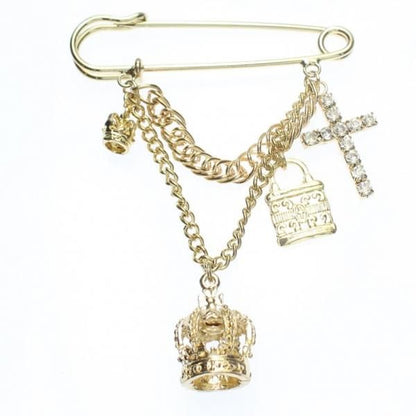 ラペルピン・ゆらゆらチェーンと王冠・ゴールドの安全ピンブローチ(ラペルブローチ)