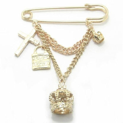 ラペルピン・ゆらゆらチェーンと王冠・ゴールドの安全ピンブローチ(ラペルブローチ)