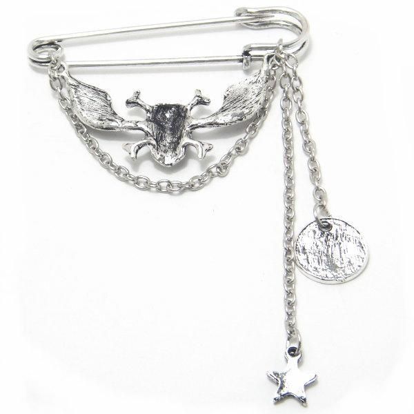 ラペルピン・ウィング・スカルとコインの安全ピンブローチ(ラペルブローチ)