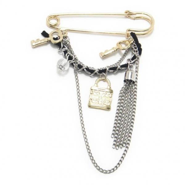 ラペルピン・ブラックリボンと鍵モチーフの安全ピンブローチ(ラペルブローチ)