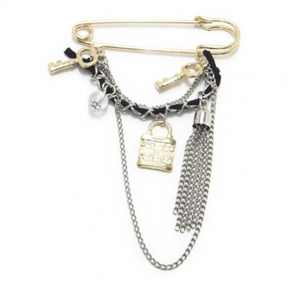 ラペルピン・ブラックリボンと鍵モチーフの安全ピンブローチ(ラペルブローチ)