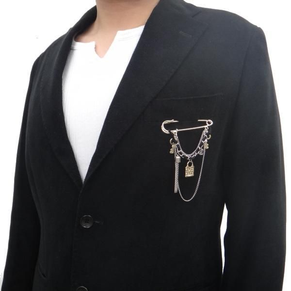 ラペルピン・ブラックリボンと鍵モチーフの安全ピンブローチ(ラペルブローチ)