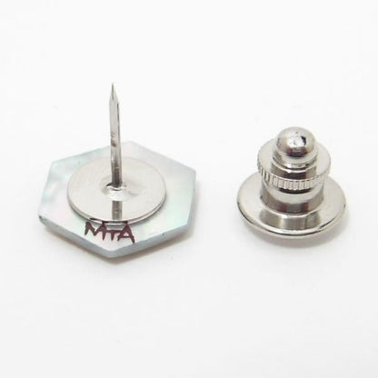 【受注生産品】七宝模様と四角の古典柄・白蝶貝のタイタック(ピンブローチ)