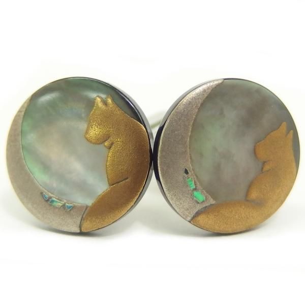 【受注生産品】月と猫の黒蝶貝蒔絵カフス(カフリンクス/カフスボタン)