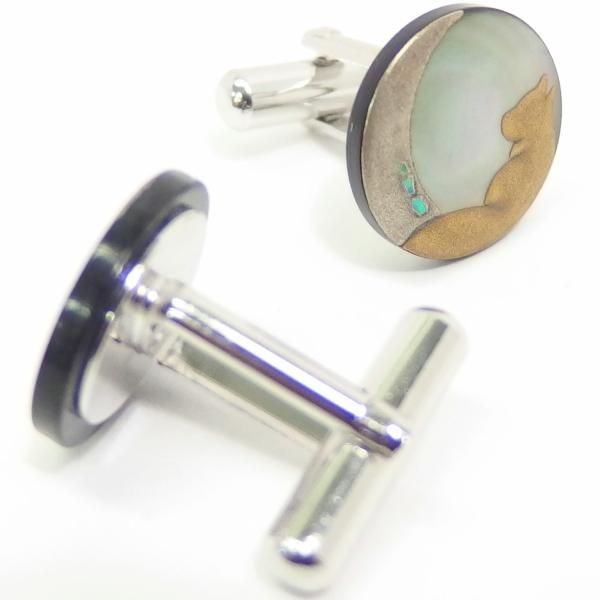 【受注生産品】月と猫の黒蝶貝蒔絵カフス(カフリンクス/カフスボタン)