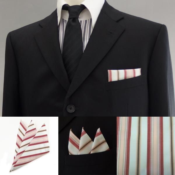 高級オーダーシャツ生地ポケットチーフ・カーキグレー×レッド×ピンクーストライプ柄ポケットスクウェア