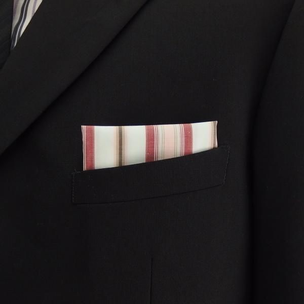 高級オーダーシャツ生地ポケットチーフ・カーキグレー×レッド×ピンクーストライプ柄ポケットスクウェア