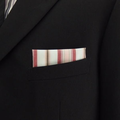 高級オーダーシャツ生地ポケットチーフ・カーキグレー×レッド×ピンクーストライプ柄ポケットスクウェア