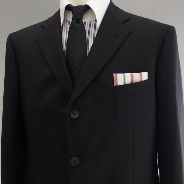 高級オーダーシャツ生地ポケットチーフ・カーキグレー×レッド×ピンクーストライプ柄ポケットスクウェア