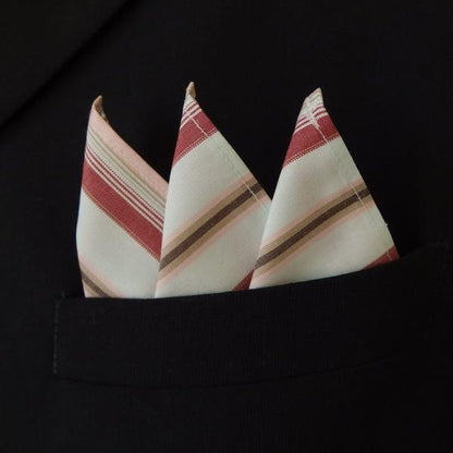 高級オーダーシャツ生地ポケットチーフ・カーキグレー×レッド×ピンクーストライプ柄ポケットスクウェア