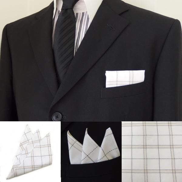 高級オーダーシャツ生地ポケットチーフ・ベージュ×カーキ・オーバーチェック柄ポケットスクウェア