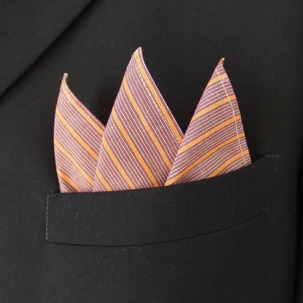 高級オーダーシャツ生地ポケットチーフ・オレンジ×ブラウンストライプ柄ポケットスクウェア