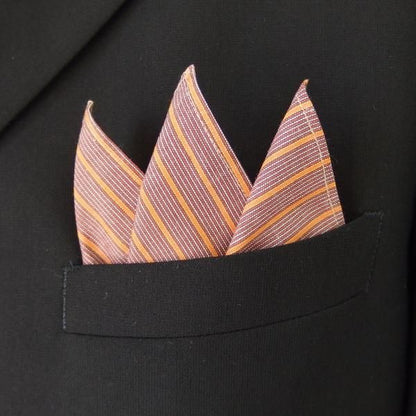 高級オーダーシャツ生地ポケットチーフ・オレンジ×ブラウンストライプ柄ポケットスクウェア