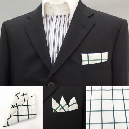 高級オーダーシャツ生地ポケットチーフ・ベージュ×グリーン・ウィンドーペンチェック柄ポケットスクウェア